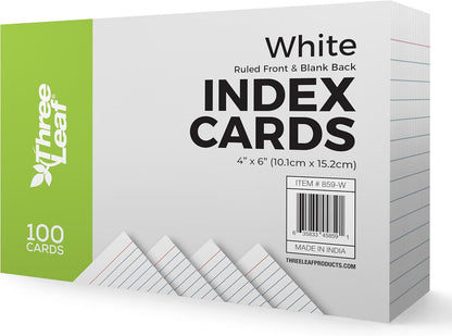 THREE LEAF 3 X 5, INDEX CARDS RULED, 100 CT. WHITE, Ruled Flash Cards, Study Card, Memo Pad, For To-Do List, Art And Craft Projects