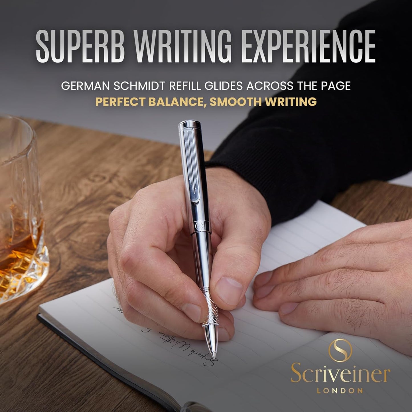 Scriveiner Black Rollerball EDC Luxury Pen, Stunning Pocket Pen with Chrome Finish, Cool Writing, Best Gift for Men & Women, German Schmidt Refill, Nice Present, Fancy Office Designer Set