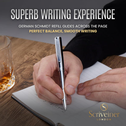 Scriveiner Black Rollerball EDC Luxury Pen, Stunning Pocket Pen with Chrome Finish, Cool Writing, Best Gift for Men & Women, German Schmidt Refill, Nice Present, Fancy Office Designer Set