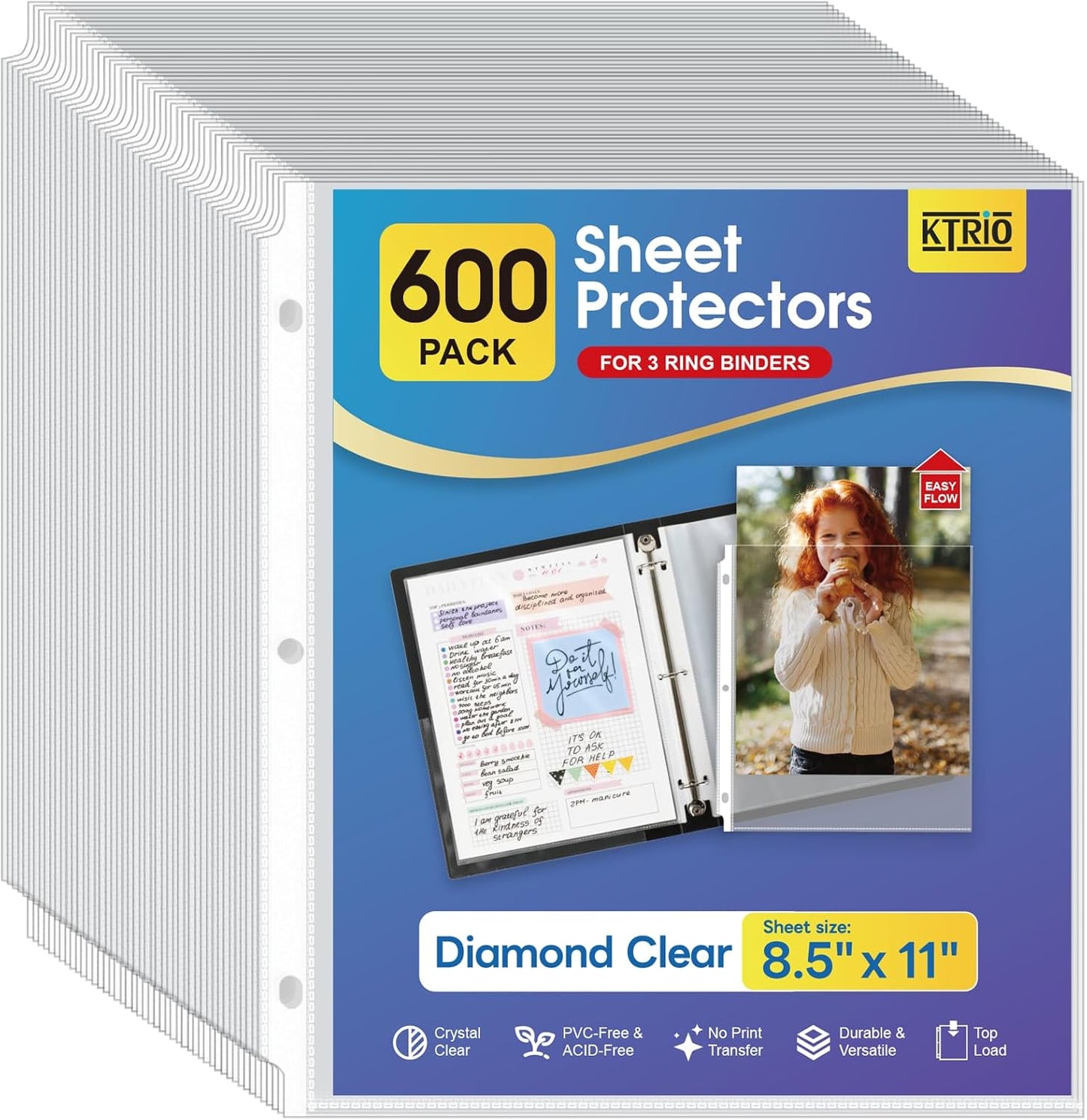 KTRIO Sheet Protectors for 3 Ring Binder 500 Pack, Clear Page Protectors 8.5 x 11, Plastic Binder Sleeves for Paper, Top Loading, Office Home School