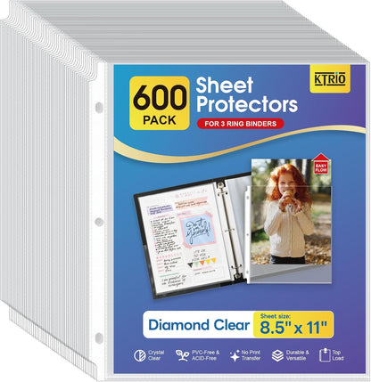 KTRIO Sheet Protectors for 3 Ring Binder 500 Pack, Clear Page Protectors 8.5 x 11, Plastic Binder Sleeves for Paper, Top Loading, Office Home School