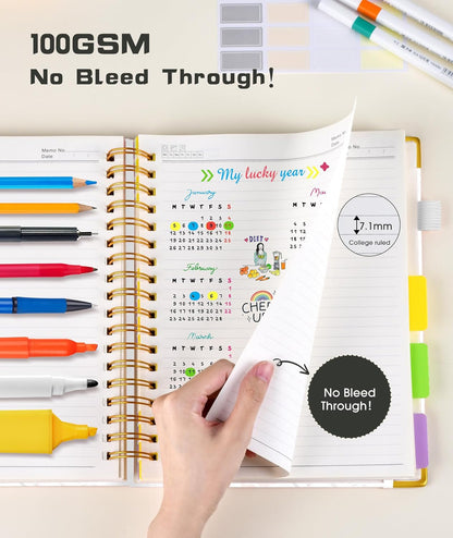 Hardcover Spiral Notebook Journal with Removable Dividers Tabs, 300 Pages Leather 5 Subject Notebook College Ruled, 8"x10" Large B5 Notebooks for Work School Note taking, Lined Journal for Women, Pink