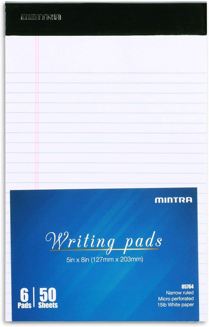 Mintra Office Colorful Legal Pads - Includes 2 Blue, 2 Pink, and, 2 Green Writing Pads, Micro Perforated Lined Sheets, Ideal for Professional & Personal Use, 5"x8" Narrow Ruled, 6 pack Basic Pastel