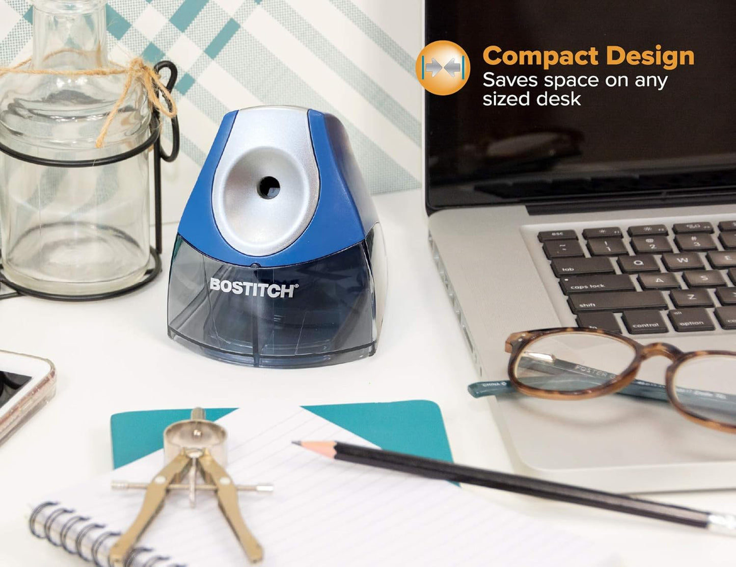 Bostitch Office Electric Pencil Sharpener for Classroom & Desk Use, Heavy-Duty Stall-Free Motor, High-Capacity Shavings Tray, Blue