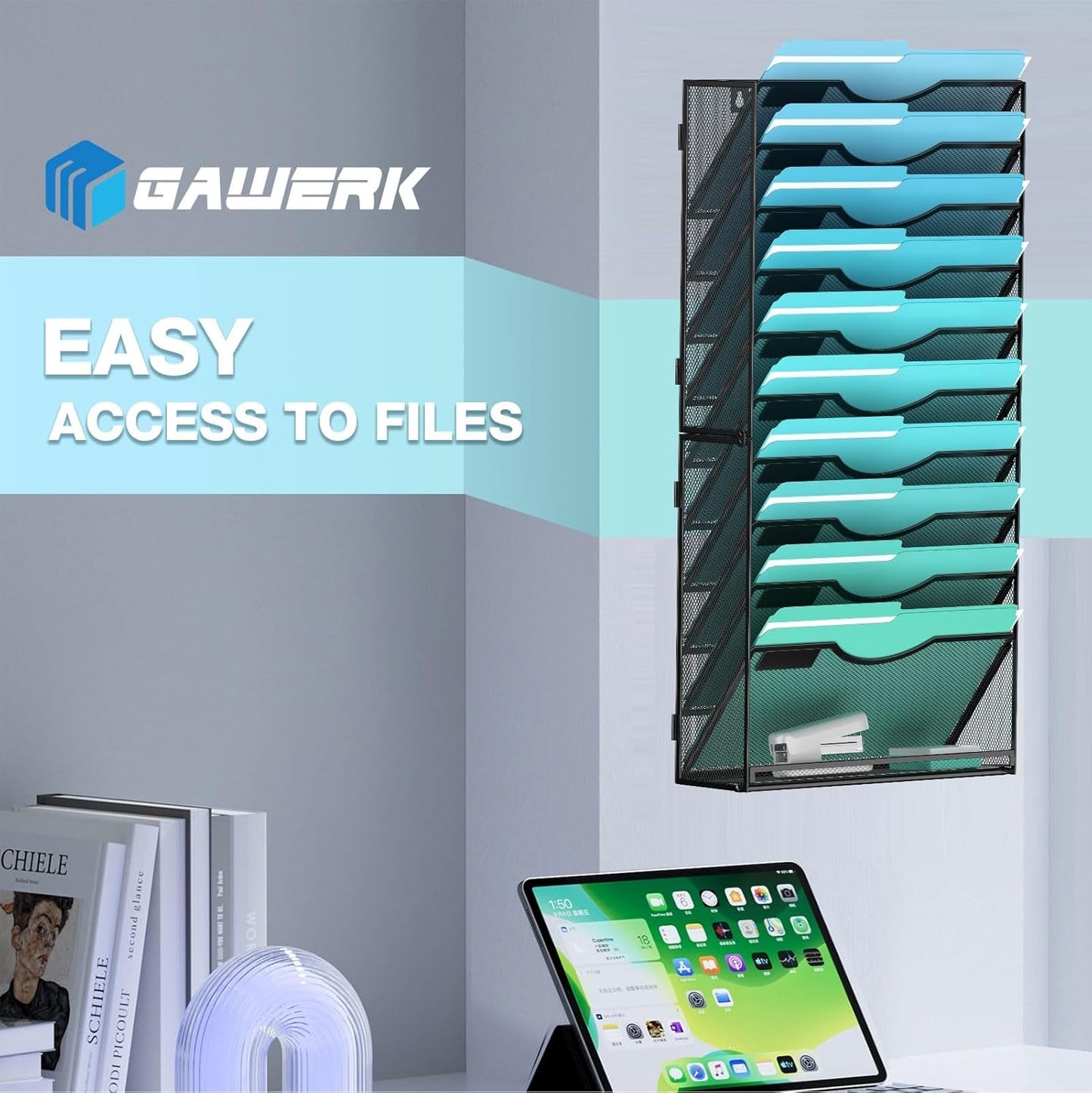 Gawerk 10-Tier Wall File Organizer Hanging Wall File Holder Wall Mount Paper Folder Organize, Mesh Magazine Document Mail Organizer Wall Organizer for Office School Home, Black