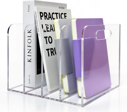 Acrylic Magazine File Holder, 4 Vertical Compartments Desk Document Sorter Organizer, Clear Folder Rack Binder for Office, Tablets, Magazines, Books – Home/Classroom Rack, 5mm Thick