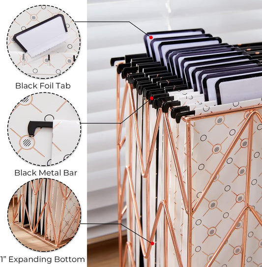 Y YOMA 12 Pack Rose Gold Hanging File Folders Letter Size Decorative File Folder Cute Pretty Hanging Folder Organizer for Filing Cabinet Office Home with 1/5-Cut Adjustable Tabs, 3 Gold Foil Design