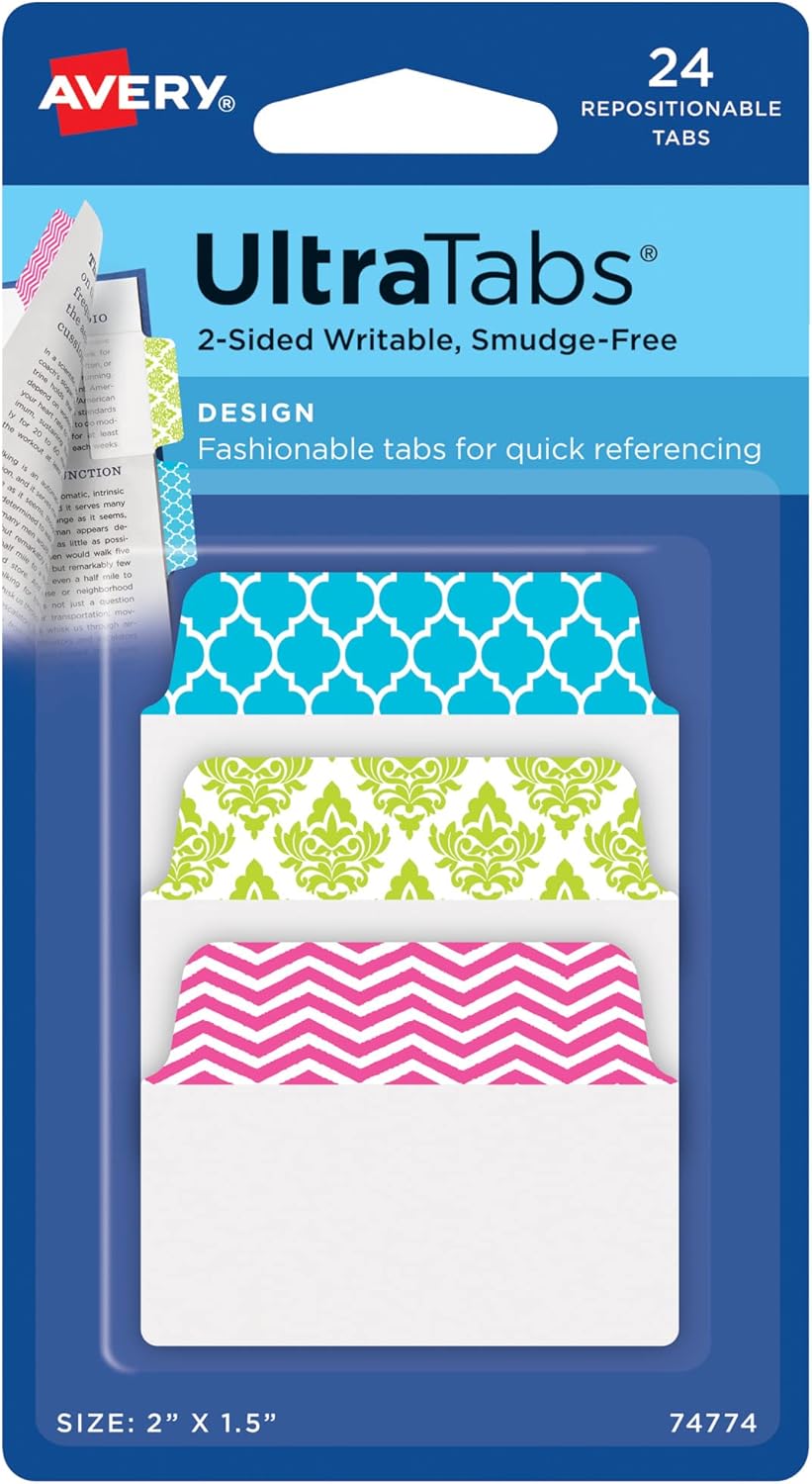 Avery Multiuse Ultra Tabs, 2" x 1.5", 2-Side Writable, Assorted Pastel Dots, 24 Repositionable Tabs (74773)
