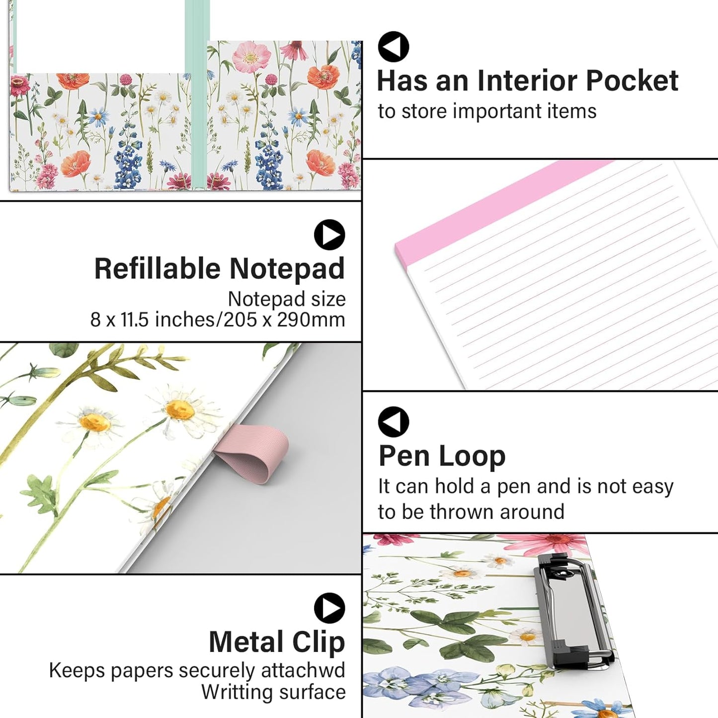 A4 Cute Clipboard Folio with Notepad Clipfolio and Interior Storage, Foldable Nursing Legal Size Clipboards for Work/Kids/Teachers - Almond Tree