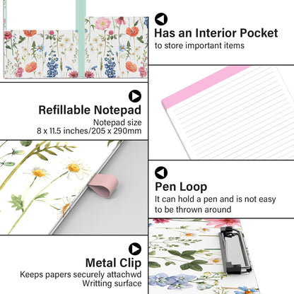 A4 Cute Clipboard Folio with Notepad Clipfolio and Interior Storage, Foldable Nursing Legal Size Clipboards for Work/Kids/Teachers - Almond Tree