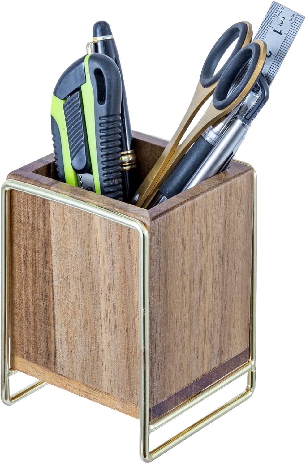 MyGift Premium Acacia Solid Wood Pen Pencil Cup with Textured Fluted Design, Desktop Wooden Office Supply Organizer Holder