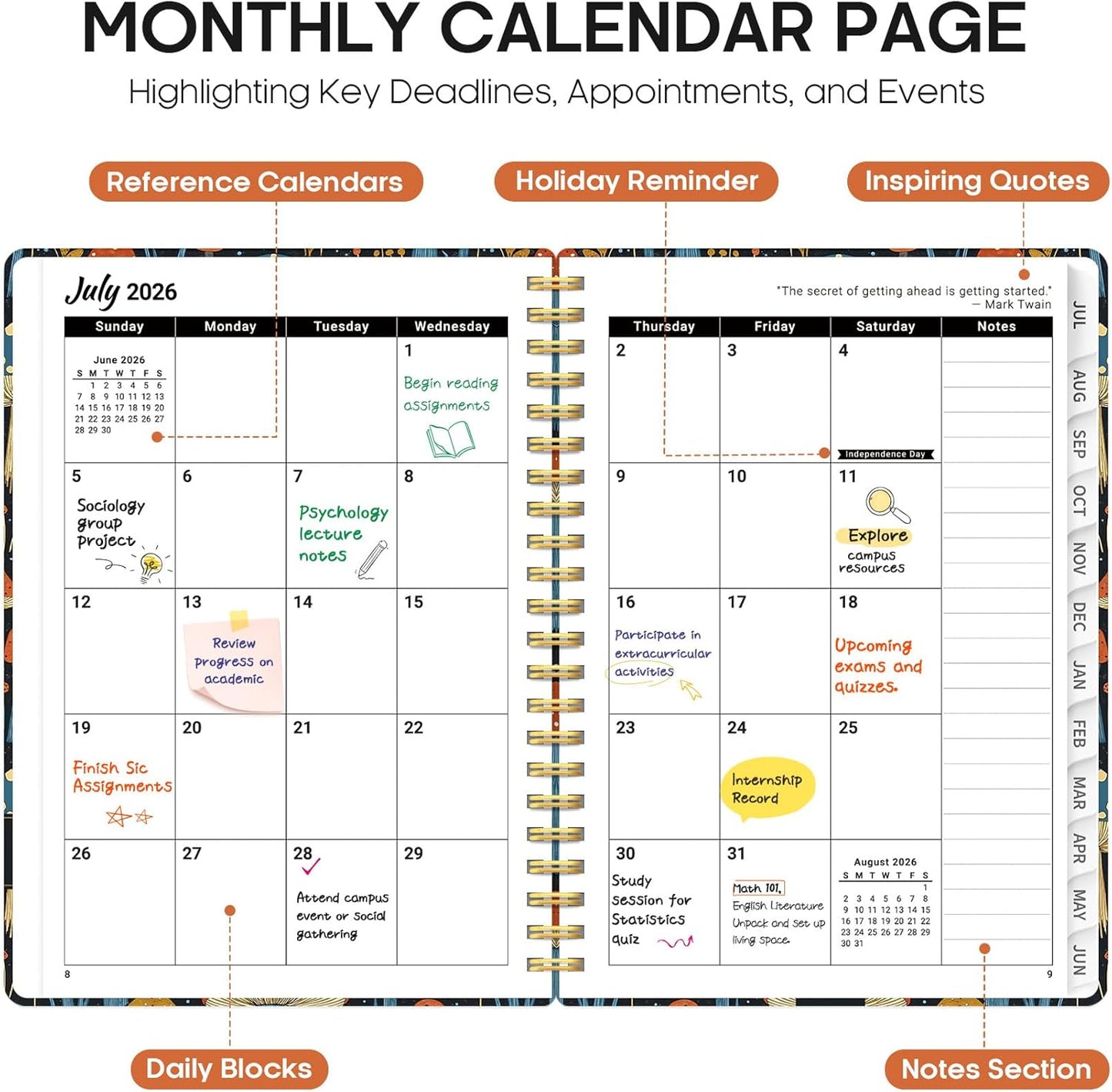 Planner 2026-2027, Academic Year Monthly and Weekly Calendar Planner, Jul 2026 - Jun 2027, Hardcover Teacher Student Planning Agenda book with Tabs, Perfect for School Office Supplies, 6.3" x 8.5" - Wildflowers