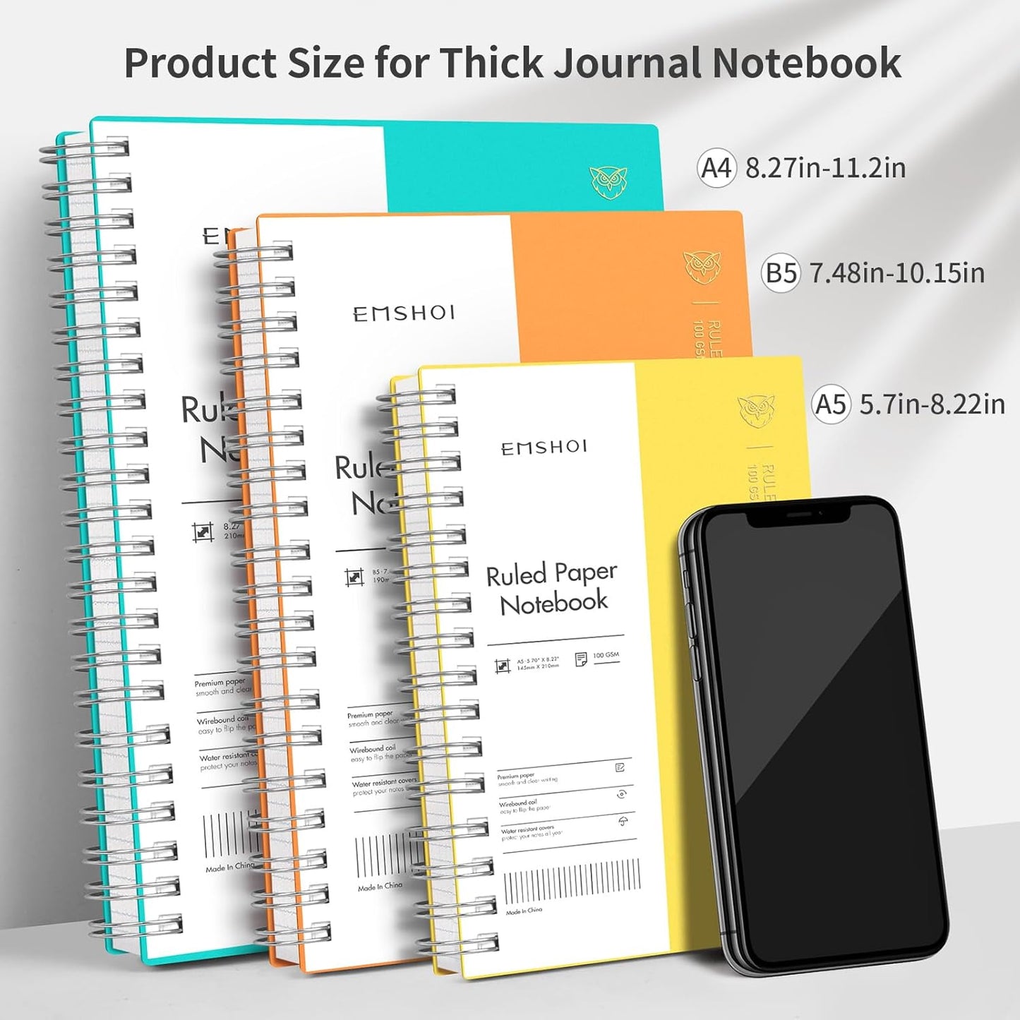 EMSHOI A5 Spiral Notebook College Ruled Lined Journal, Small 5.7" X 8.22", 300 Pages/150 Sheets, 100gsm Thick Paper, Waterproof Hardcover, for Office School Women Men Work Writing Notes, Blue
