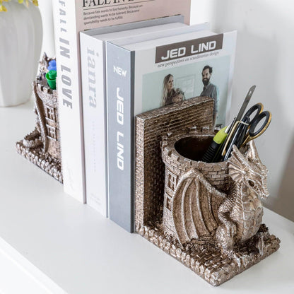 Bookends Dragon, Gothic Black Resin Dragon Guarding Castle Pencil Cup Bookends, Office Desk Book Ends with Decorative Fantasy Dragons and Stone Tower Pen Holders, 1 Pair