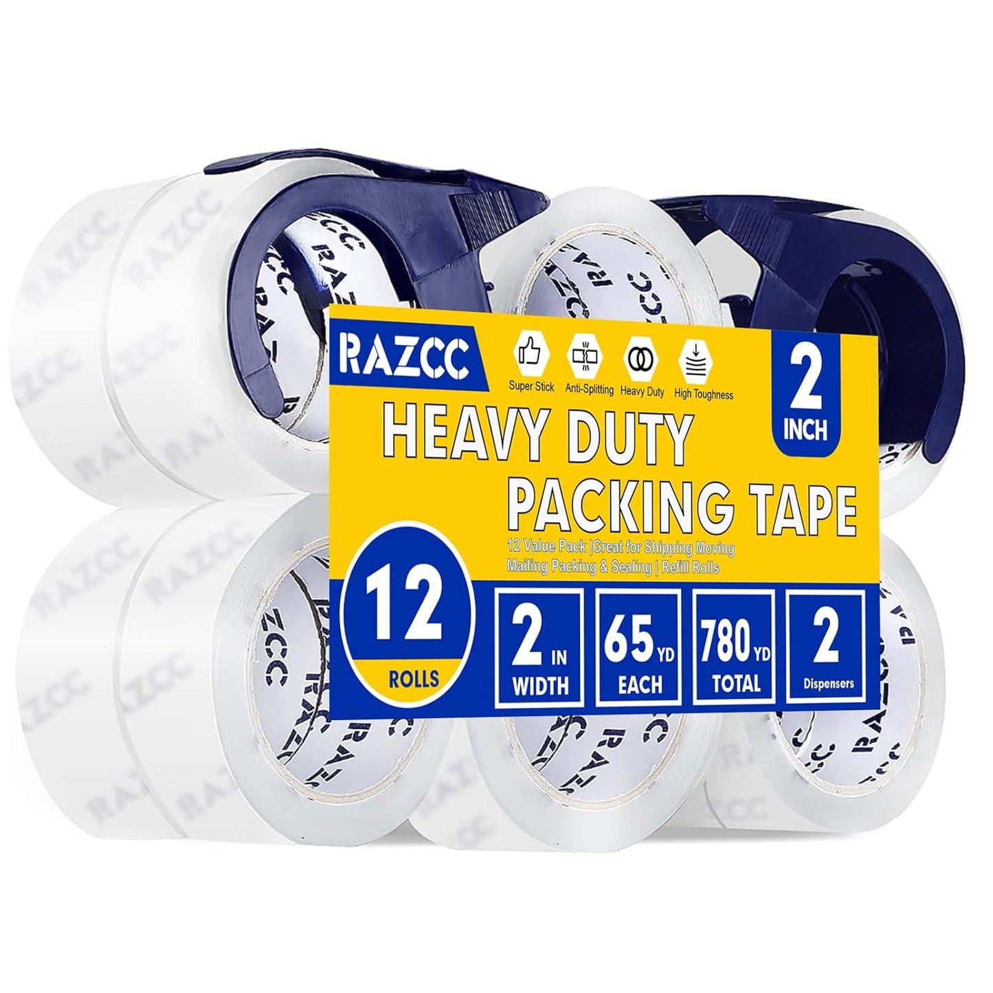 RAZCC Packing Tape, 18 Rolls Clear Heavy Duty Packaging Tape with Dispensers for Packing, Shipping, Moving and Mailing, Thicker Sealing Tape-1.88" x 65 Yards Per Roll, 1170 Total Yards