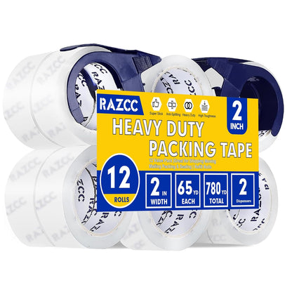 RAZCC Packing Tape, 18 Rolls Clear Heavy Duty Packaging Tape with Dispensers for Packing, Shipping, Moving and Mailing, Thicker Sealing Tape-1.88" x 65 Yards Per Roll, 1170 Total Yards