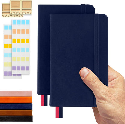 Pocket Dotted Notebook, 2-Pack Dot Grid Notebook, Dotted Journal with Stickers, 3.5" x 5.5" Hardcover, Small Mini A6 size, 160 Pages, 100 gsm Thick Paper, Cognac Brown