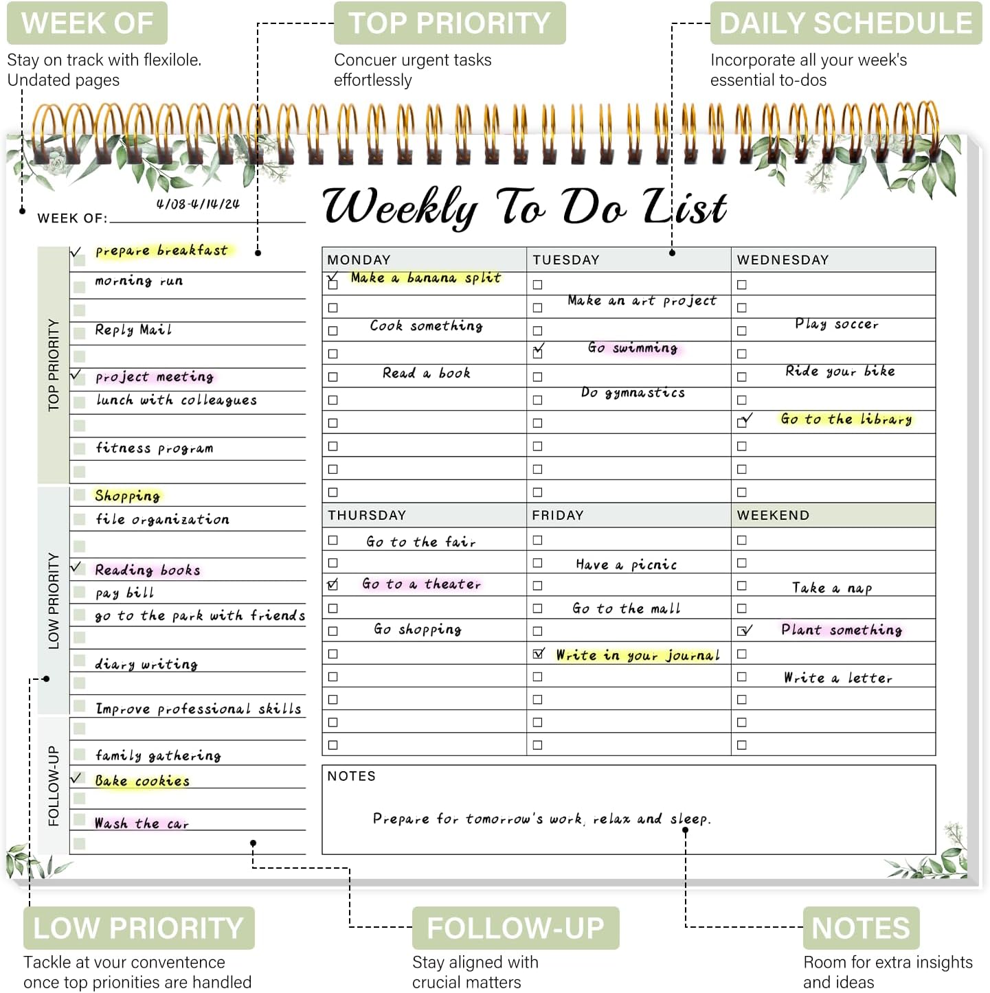 Weekly To Do List Notepad with 52 Undated Sheets（8.5"×11"）- Weekly Desk Planner Pad with Spiral Binding for Women & Man, Office, School and Home Personal Organizer