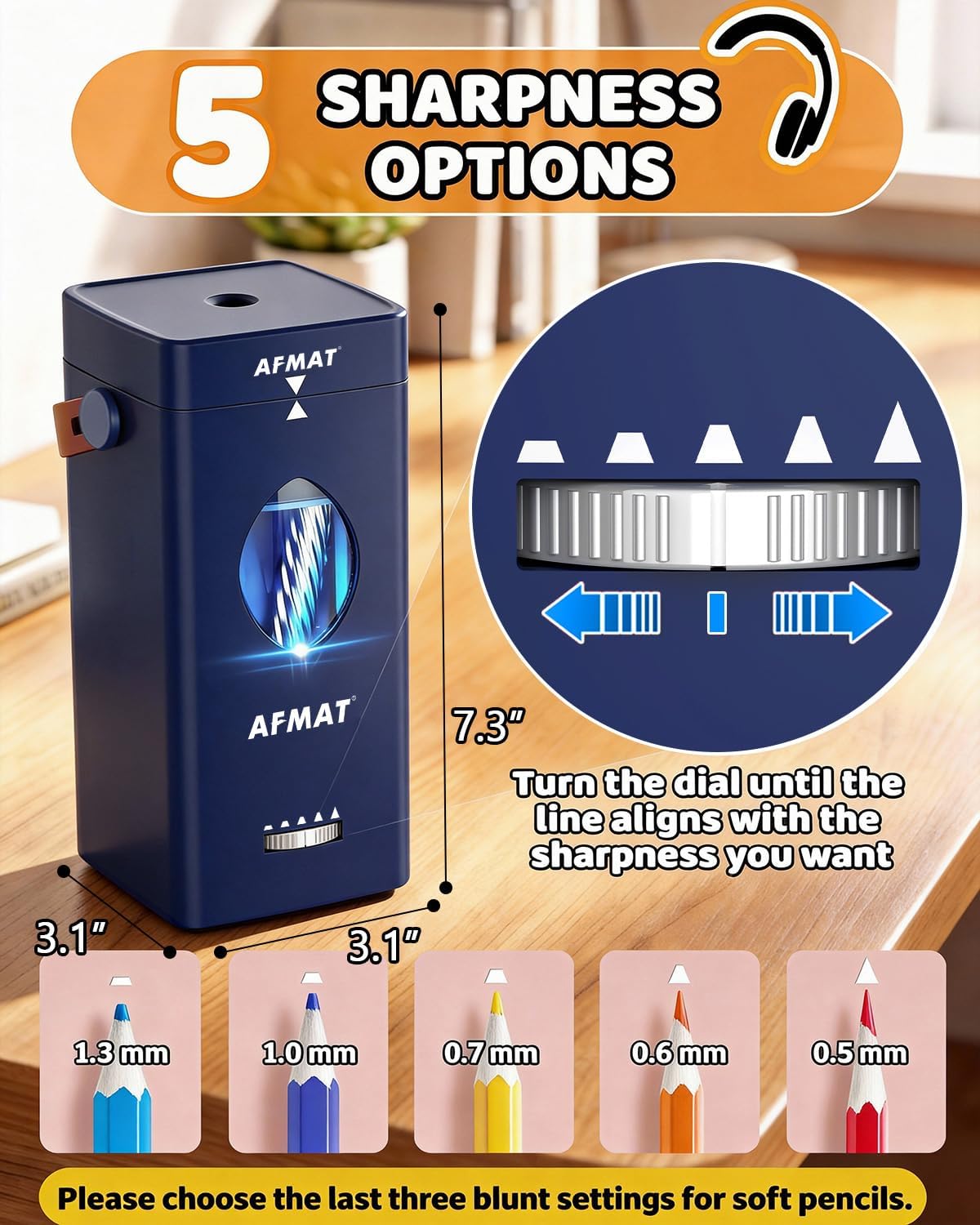 AFMAT Electric Pencil Sharpener, Rechargeable & Cordless, Fully Automatic Pencil Sharpener for Classroom, Auto in & Out, 5 Sharpness Modes, Heavy Duty Sharpeners for 6-12mm No.2/Jumbo Pencils PSC7