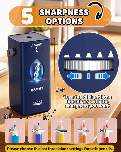 AFMAT Electric Pencil Sharpener, Rechargeable & Cordless, Fully Automatic Pencil Sharpener for Classroom, Auto in & Out, 5 Sharpness Modes, Heavy Duty Sharpeners for 6-12mm No.2/Jumbo Pencils PSC7