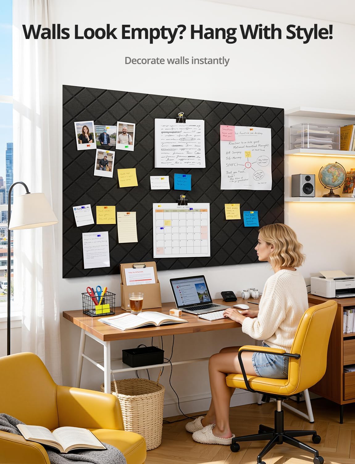 Kuchoow Bulletin Cork Board Large 47.2" x 35.4" Felt Notice Pinboard for Office Walls & Home, Self Adhesive 12 Pack Black Decorative Bulletin Mood Board Corkboard for for Bedroom, Display, Memo, Photo
