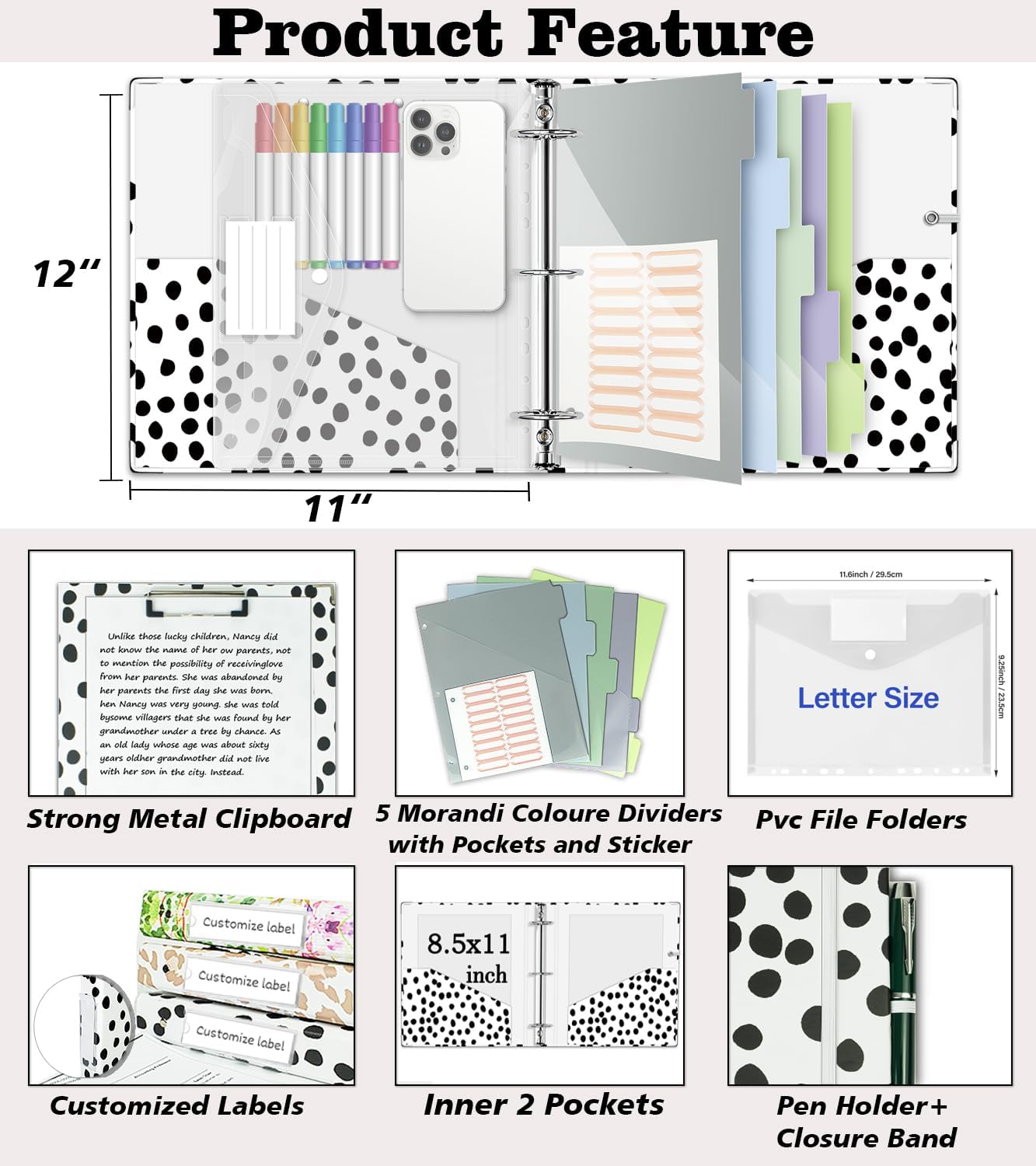 3 Ring Binder 1 Inch, Three Ring Binders Organizer with Clipboard, 5-Tabs Pockets Dividers, Plastic Folder, 18 Divider Stikers, BVSSX Pretty Binder with Pen Loop (Black Weeds, Letter Size)