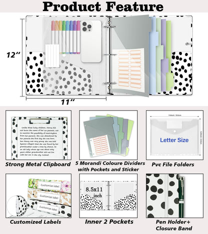 3 Ring Binder 1 Inch, Three Ring Binders Organizer with Clipboard, 5-Tabs Pockets Dividers, Plastic Folder, 18 Divider Stikers, BVSSX Pretty Binder with Pen Loop (Black Weeds, Letter Size)