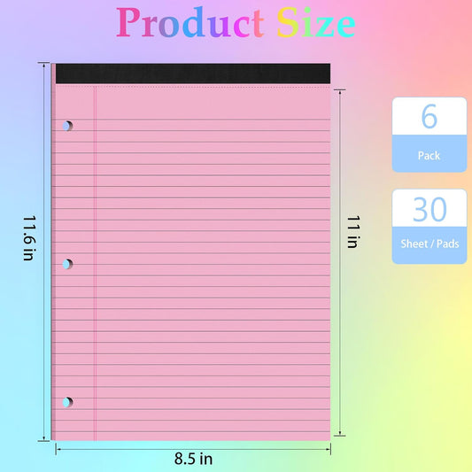 HAUTOCO 6 Pack 8.5 x 11 Legal Pads White Wide Ruled Notepads Perforated Writing Pads, 30 Sheets Per Notepad, 3-Hole Punched Paper, Writing Note Pads for School, Home, Office, Business