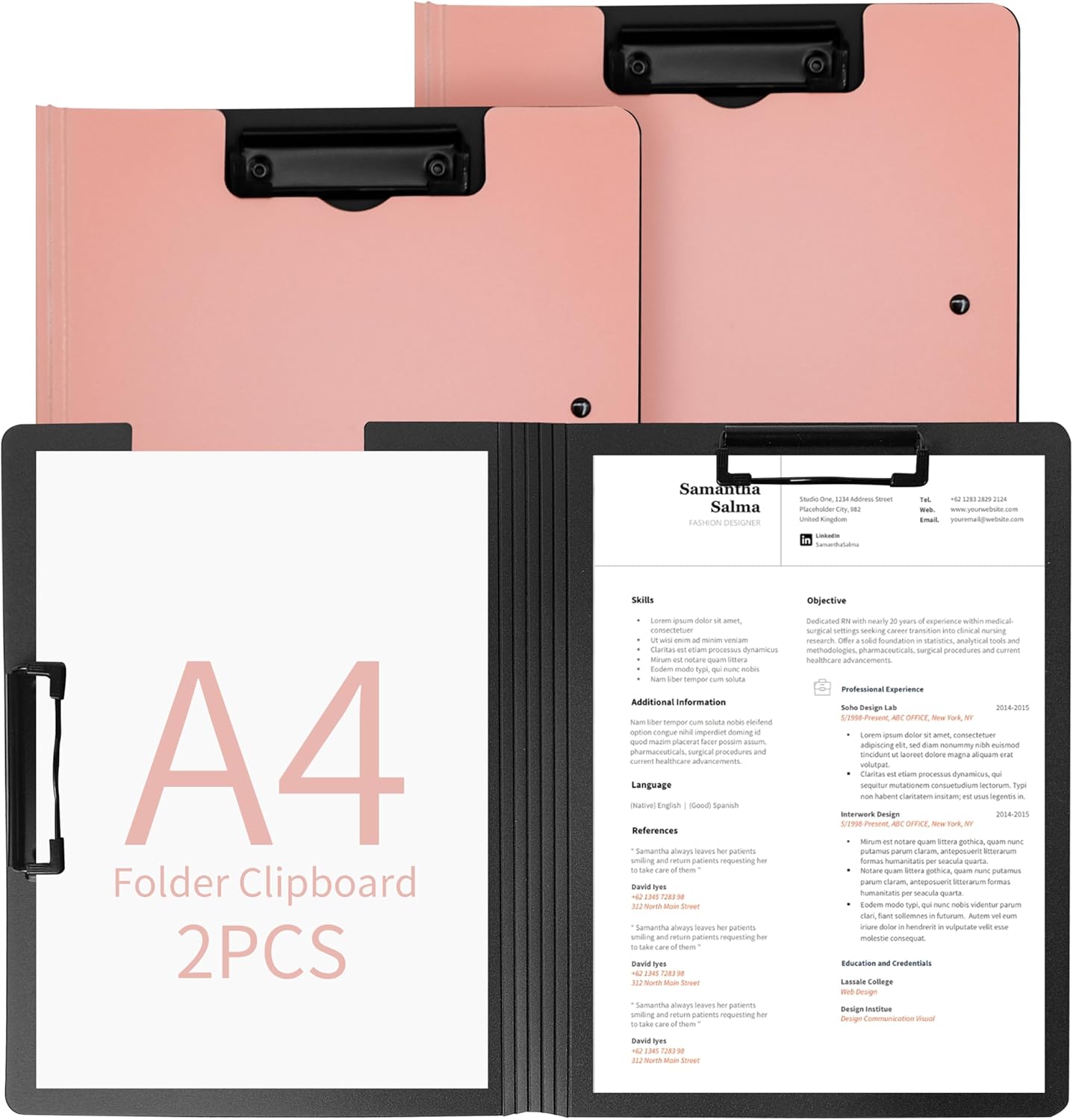 souG 2 PCS Clipboard Foldable,360°Cover Folder Clipboard Plastic Clipboards with Double Low Profile Clip,File Folder Storag Clipboards for A3 A4 Paper, Clip Boards for Office School Supplies(Pink)