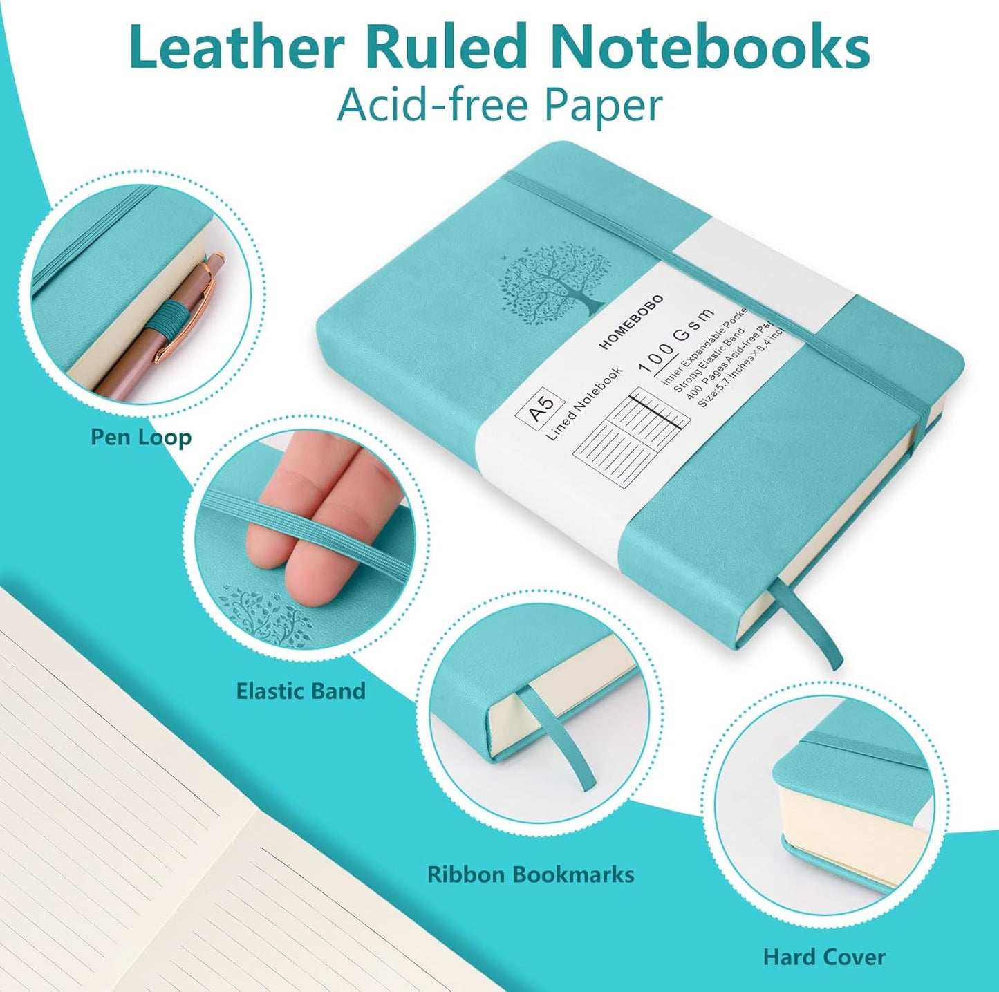 Journals for Writing, A5 Leather Ruled Notebook with 400 Pages, 100 Gms College Ruled Journal with Thick Paper, Hardcover with Inner Pocket & Pen Holder, Dark Green