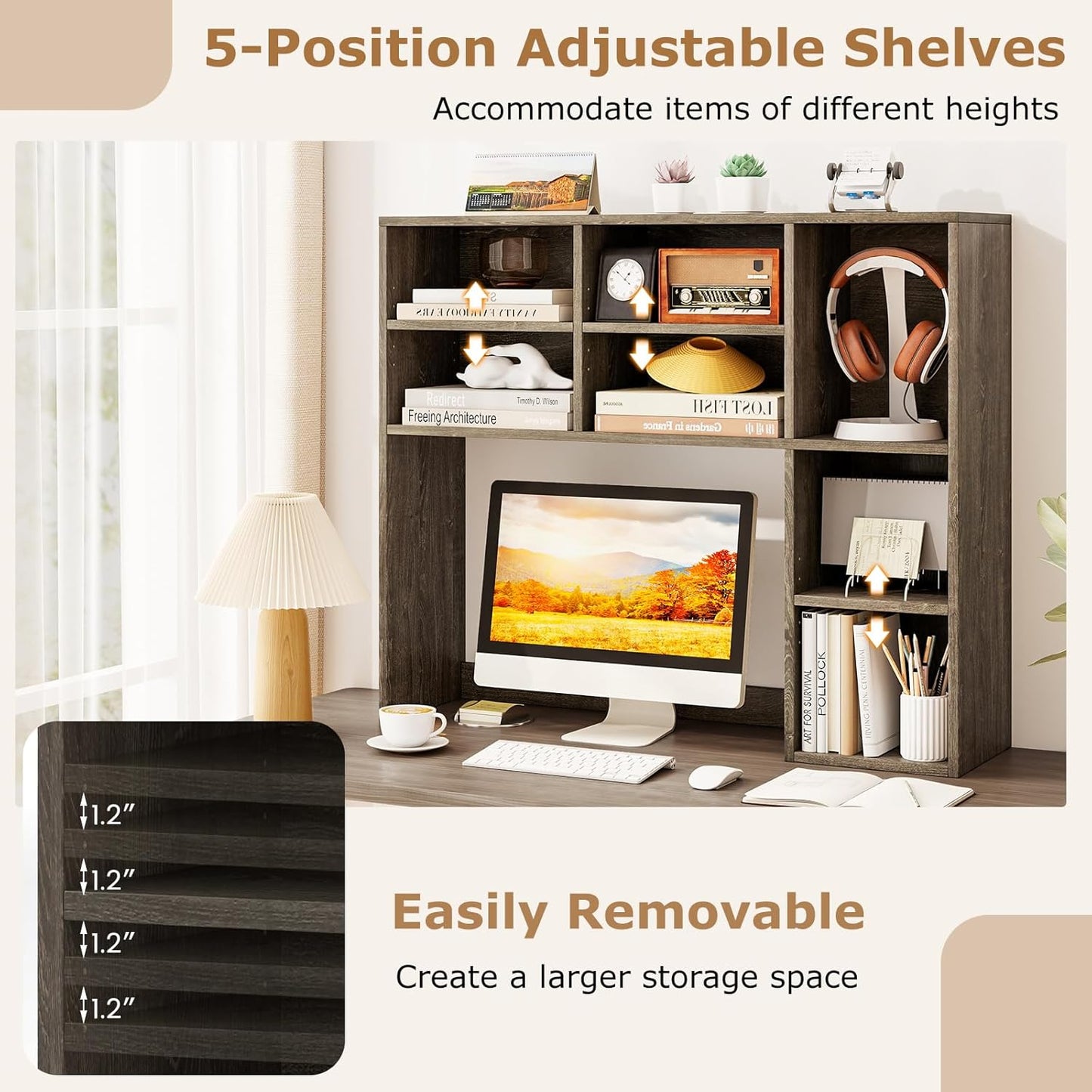 Tangkula Desktop Bookshelf, Countertop Storage Hutch with 5 Shelves for Computer Desk, Desk 3-Tier Display Rack, Multipurpose Wood Desktop Hutch Storage Organizer for Dorm Office Home
