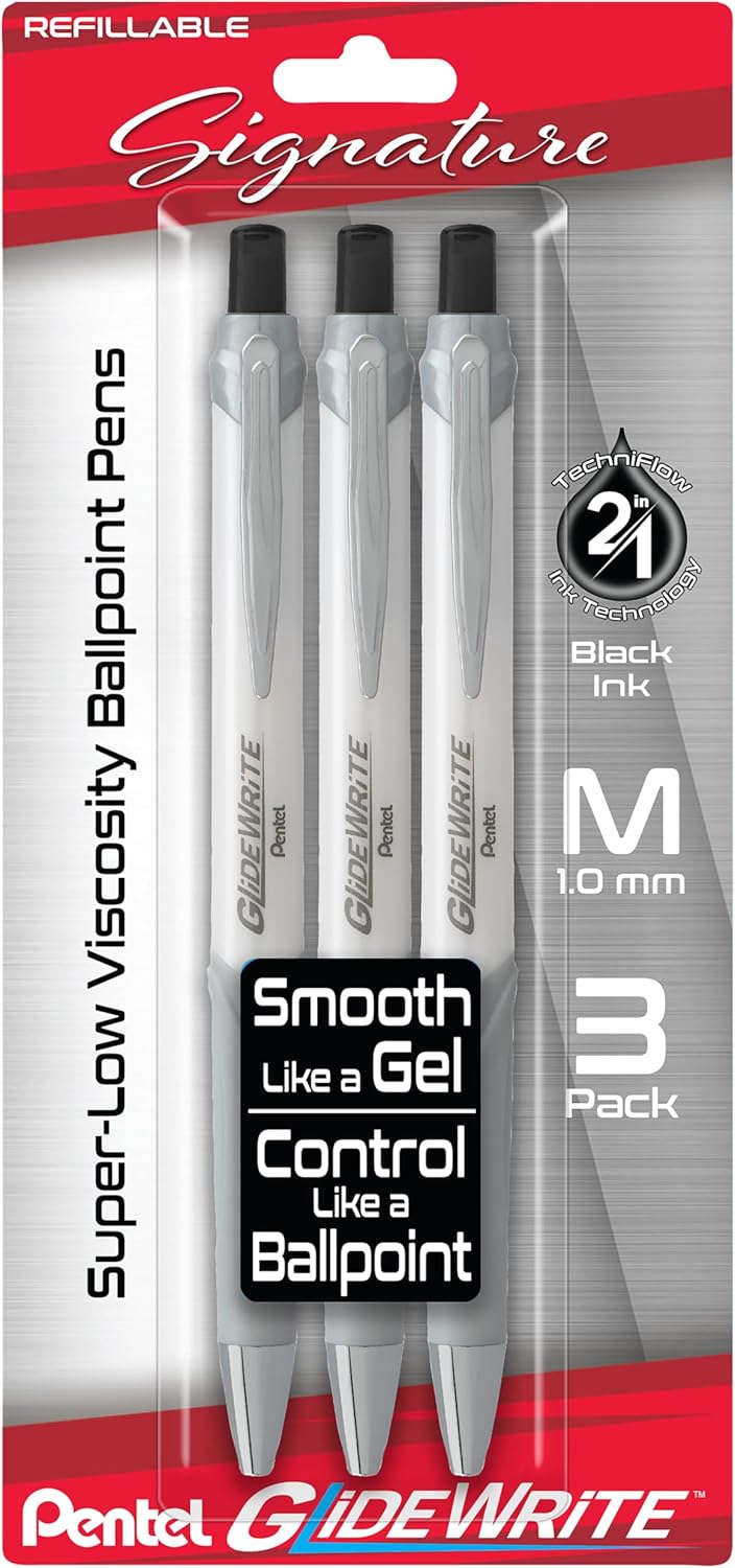 Pentel Glidewrite Signature Ballpoint Pen, (1.0mm) Medium, White Barrel, Blue Ink, Pack of 3 (BX930WBP3C)