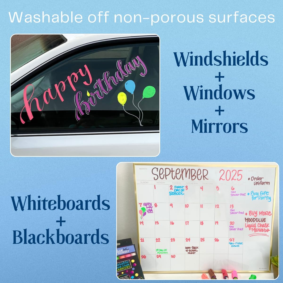 MoodClue Liquid chalk markers 12 neon erasable Whiteboards, glass boards, chalkboards, windows, mirrors, car windshields, auto, glass. Odorless, non-toxic. Wet or dry erase. Thick and thin tip
