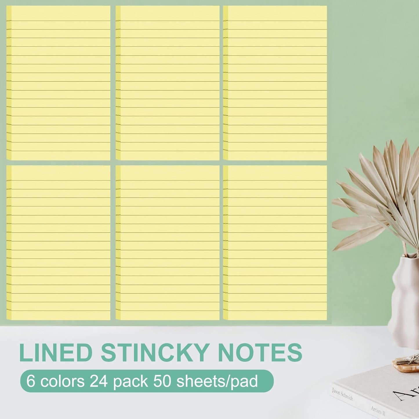 24 Pack Lined Sticky Notes 4X6 in, Self Sticky Note Pads with Lines, Large Sticky Note Memo Pad for Office, Home, School, Meeting, 50 Sheets/pad, Morandi