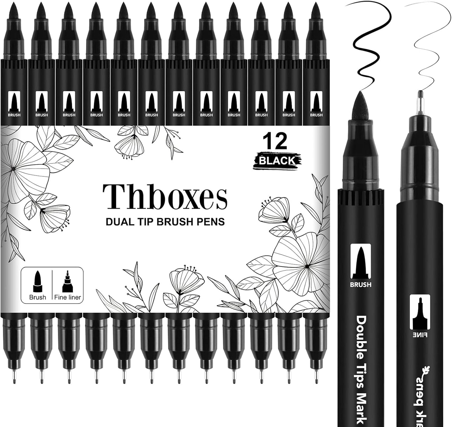 Thboxes 12 Pack Black Drawing Pens, Dual Tip Brush Fineliners Pens Washable Brush Tip Markers for Adults Art Drawing Sketching Journaling Calligraphy