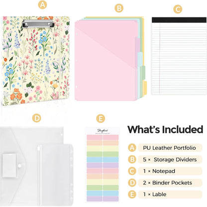 SKYDUE 1 Inch 3-Ring Binder with Clipboard, PU Aesthetic Binder with 5 Dividers, Notepad, Stickers & Pockets for Work and School (Letter Size)