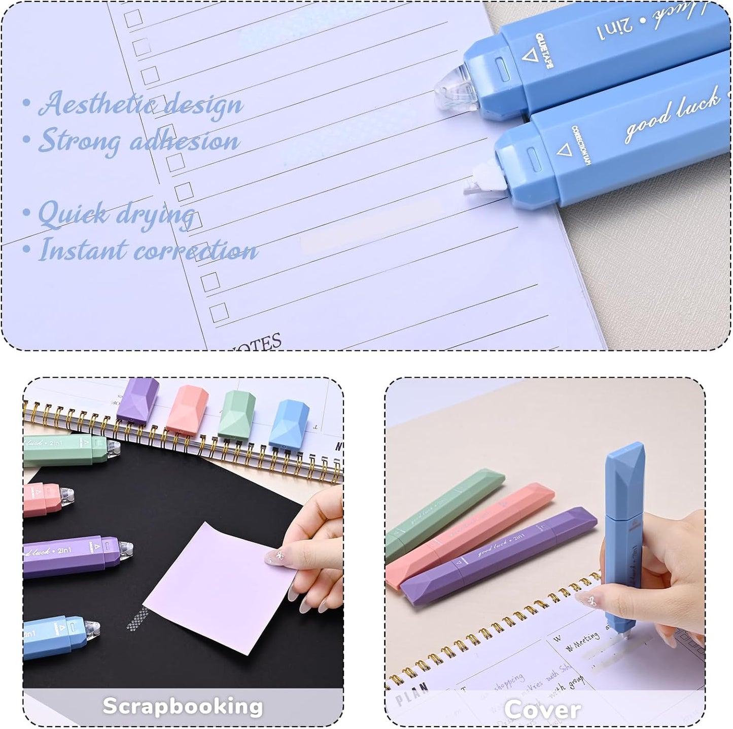 Temiary 4 Pcs 2 in 1 White Correction Tape and Double Sided Roller Set, Aesthetic Smooth Pull Out Tapes with Adhesive Glue Tape Roller Runner for School Office Supplies (Pink)