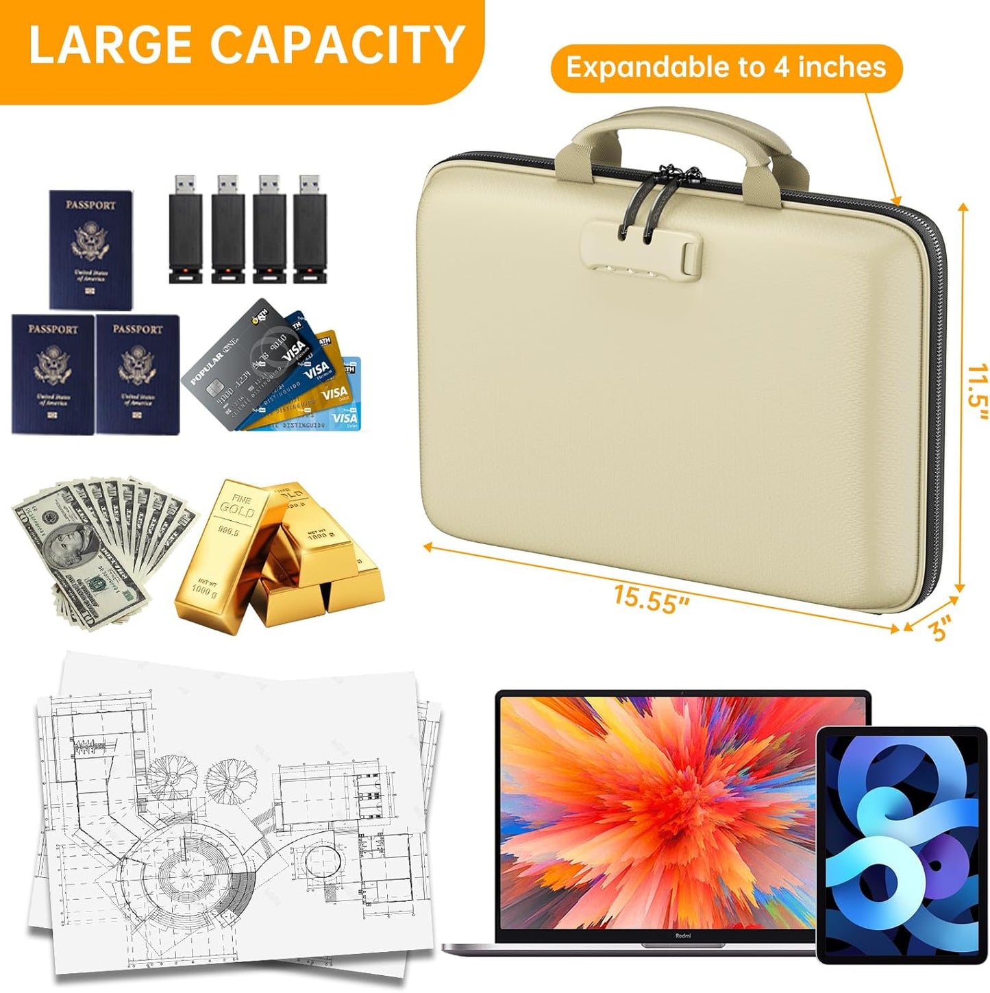 DocSafe Fireproof File Organizer with Lock, Hard-Shell Case Fireproof Document Box with 13 Pocket Accordion File Folder, Portable Home Office Travel Safe Storage for Important Documents Laptop Black