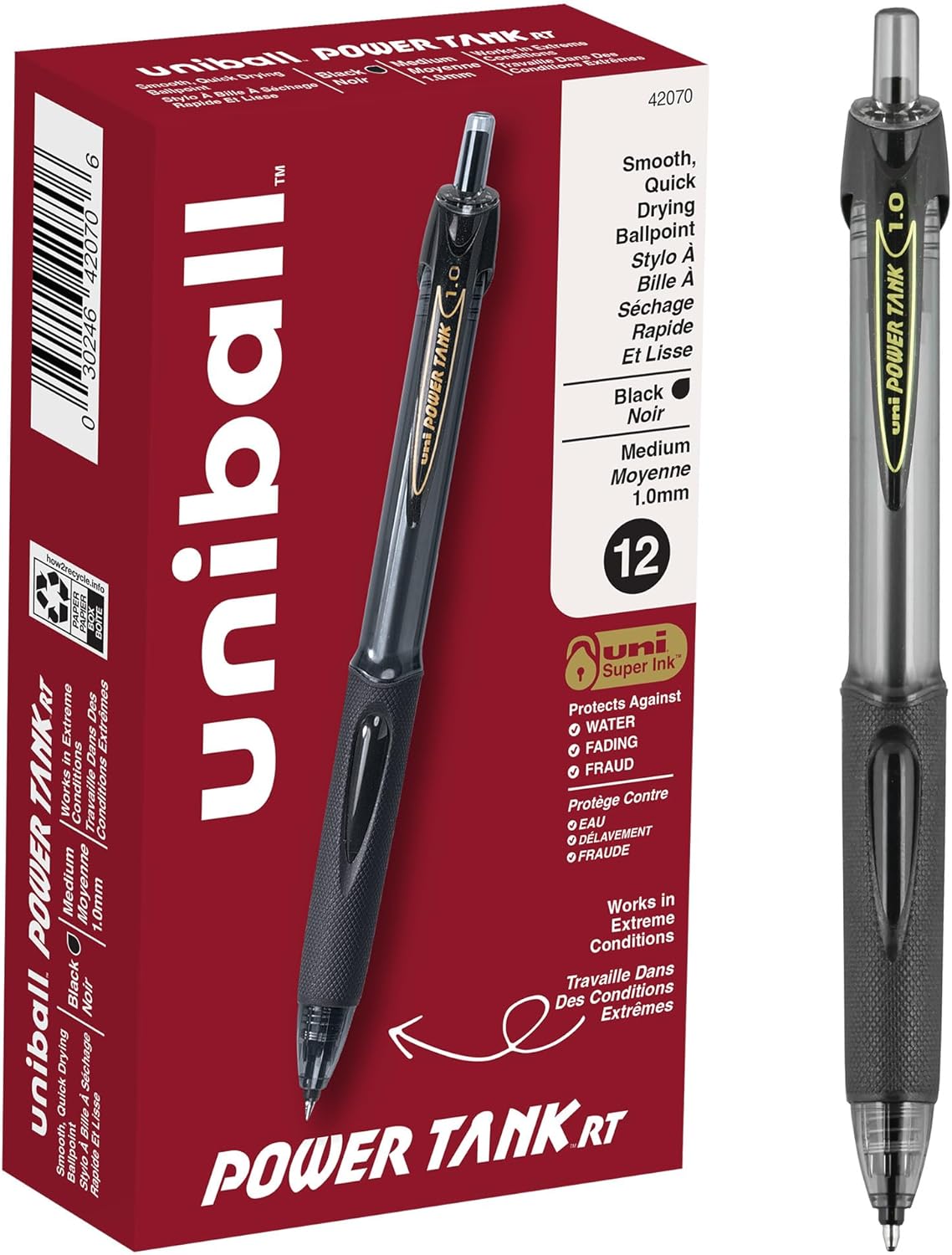 uniball Power Tank RT Ballpoint Pens, Medium Point (1.0mm), Black, 12 Pack
