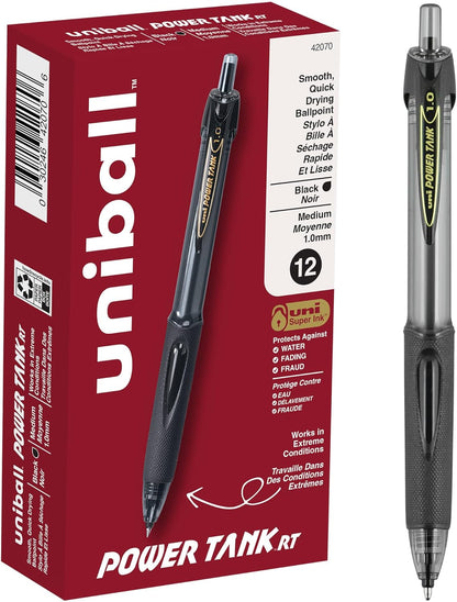uniball Power Tank RT Ballpoint Pens, Medium Point (1.0mm), Black, 12 Pack