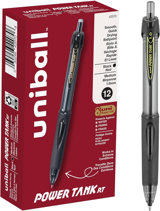 uniball Power Tank RT Ballpoint Pens, Medium Point (1.0mm), Black, 12 Pack
