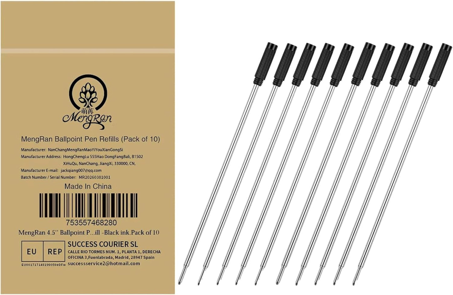 MengRan 4.5'' Ballpoint Ink Pen Refills for Twist Pens,1mm Medium Tip, Compatible with Cross Pen Refills (8513)(10 Pcs Black Ink)