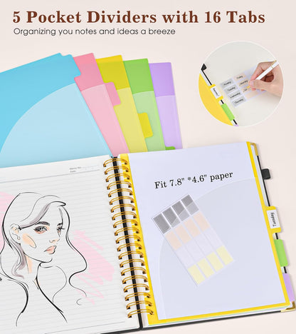 Hardcover Large Spiral Notebook 8.5" x 11" with Removable Dividers Tabs, 300 pages Leather 5 Subject Notebook College Ruled, A4 Journal for Women Men, Notebooks for Work School Note taking,Black