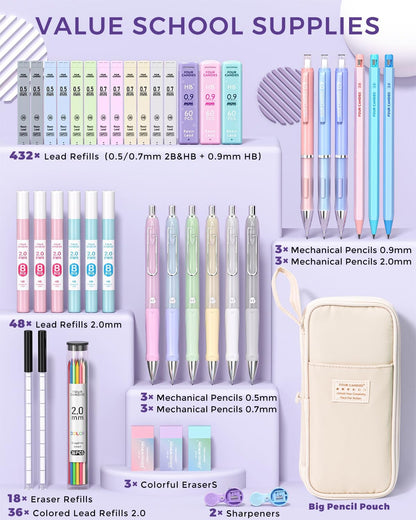 Four Candies 42PCS Aesthetic School Supplies, Mechanical Pencil Set 0.5mm, 0.7mm, 0.9mm, 2.0mm with 696 Lead Refills, Pastel Mechanical Pencils for Writing, Drawing & Drafting (Cream)
