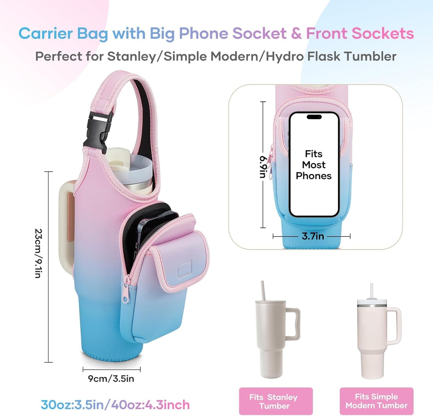 Bufilea Carrier Bag with Phone Holder Pockets for Stanley 40/30oz Tumbler with Handle, Insulated Neoprene Crossbody Bag Cup Holder w/Shoulder & Handheld Straps Fits Stanley Cup Accessories