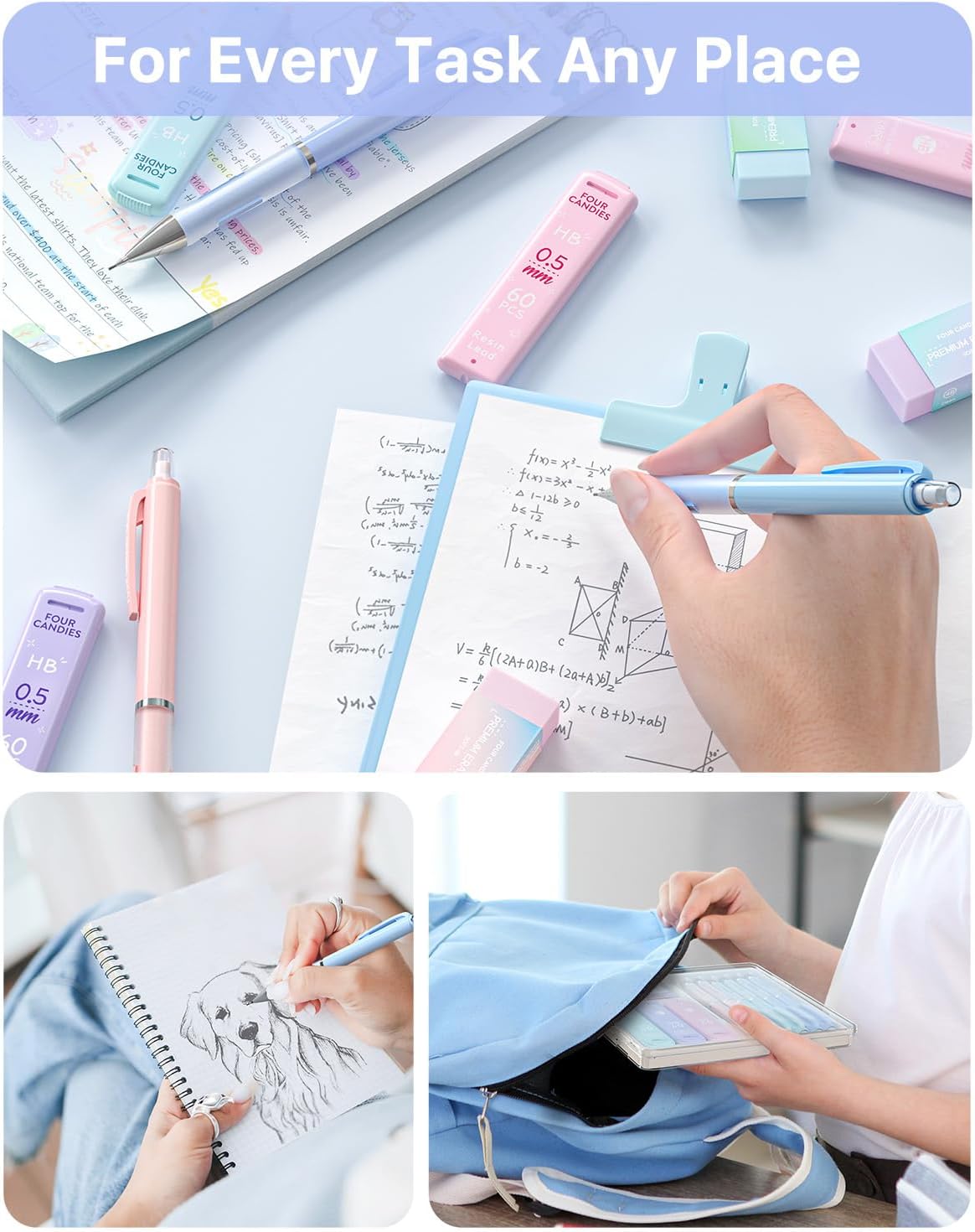 Four Candies Mechanical Pencil Set - 0.7mm (Medium Point), 6PCS Cute Pencils Mechanical with 360PCS (HB & 2B) Lead Refills & 12PCS Erasers & 1PCS Storage Case, Pastel Aesthetic Lead Pencils for School