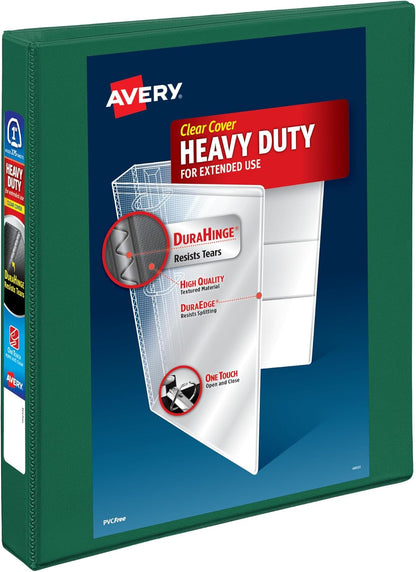 Avery Heavy-Duty View 3 Ring Binder, 1 Inch One Touch EZD Rings, 275-Sheet Capacity, 1.4 Inch Wide Spine, Customizable Clear Cover and Spine, 1 Green Binder (79107)