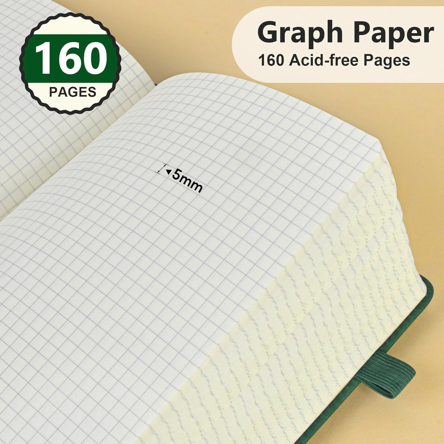 PERCUN Graph Paper Notebook, 160 Pages Grid Journal for women & men, A5 Hardcover Leather Graphing Notebook for School, Work, Travel, Note Taking 5.9”x8.5” (Black)