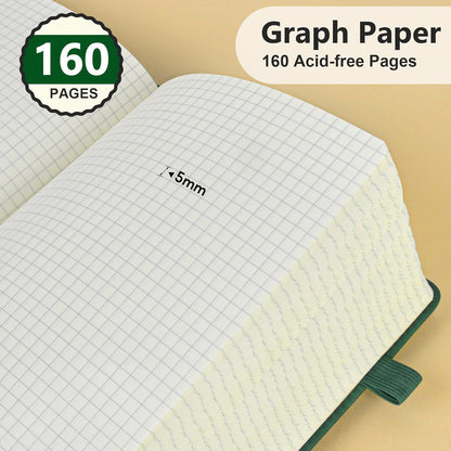 PERCUN Graph Paper Notebook, 160 Pages Grid Journal for women & men, A5 Hardcover Leather Graphing Notebook for School, Work, Travel, Note Taking 5.9”x8.5” (Black)