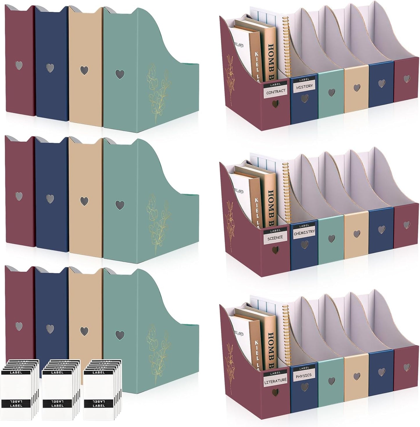 24 Floral Cardboard Magazine Holders Set, File Folders Organizer Decorative 10.23x10.63 Inch with 48 Printable Labels Storage Boxes for Home Office School Desk Classroom